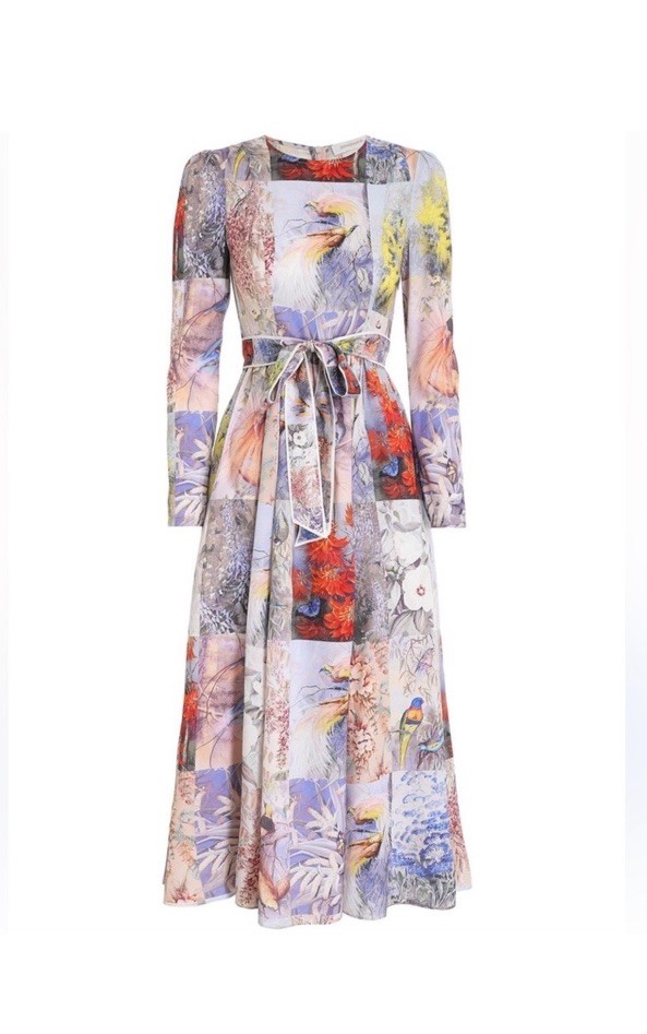 Zimmermann Multicolor Floral Bird Silk Chiffon Maxi Dress Long Sleeve Size 1