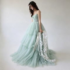 Mint Green Elegant Evening Dresses Tiered Tulle Strapless Party Prom Gowns