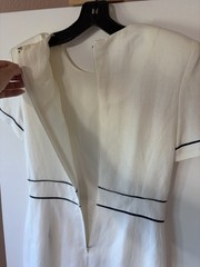 Vtg Talbots Linen Rayon Dress 4 White Navy Piping Floral Embroidered Belt USA