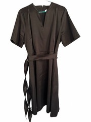 Preston & York Black Solid Short Sleeve V-Neck Sheath Belted Knee Dress 18