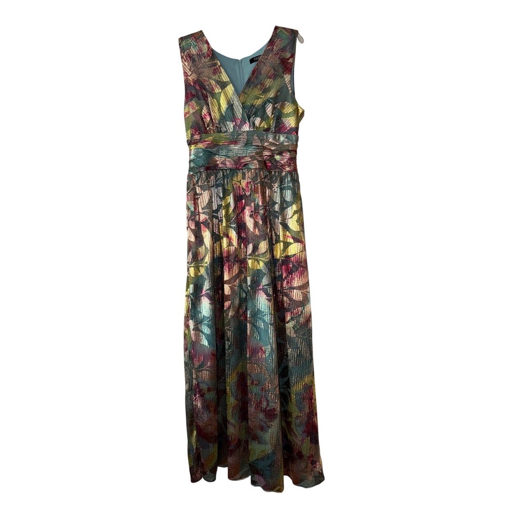 Ignite Evenings Metallic Floral Maxi Dress Silver Multi V-Neck Size 14 NWT