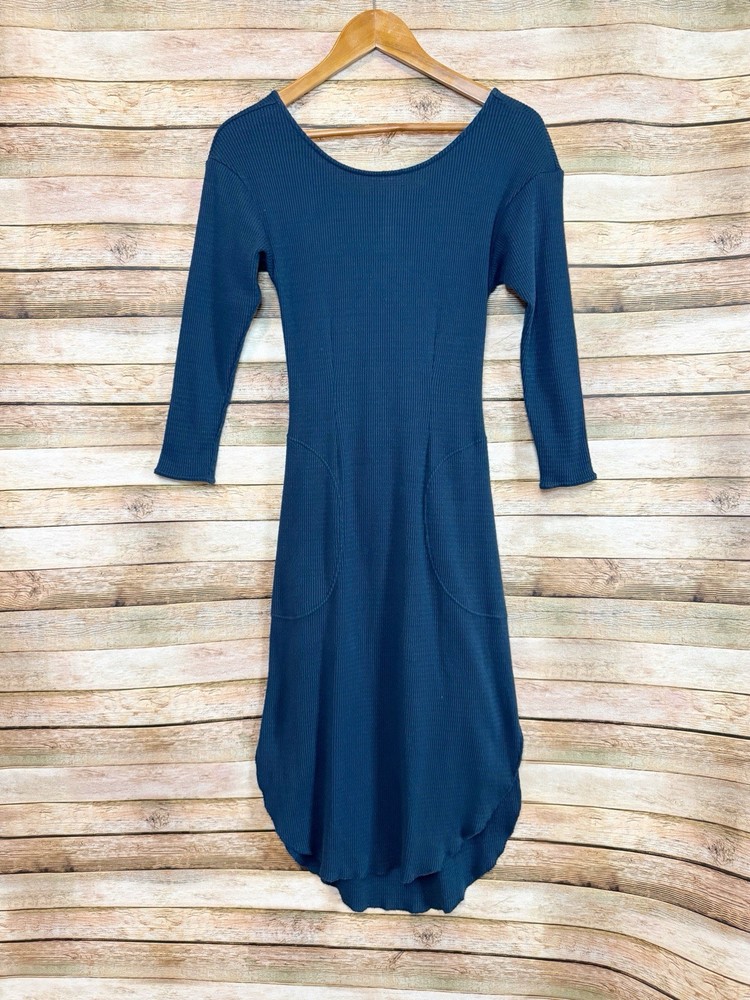 Free People Beach Navy Blue Waffle Open Ruched Back Tie Back Dress Size Medium