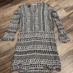 Mango Black & Beige Patterned Long Sleeved Drop Waist Dress Size 4