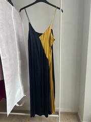 Mango slip satin midi dress spaghetti straps navy mustard yellow M / UK 10