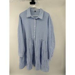 Utcoco Blue White Striped Shirt Dress 2XL Cotton Long Sleeve Babydoll Tunic