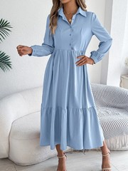 Casual Vacation Long Sleeved Turn-down Collar SingleBreasted Dress Spring Autum.