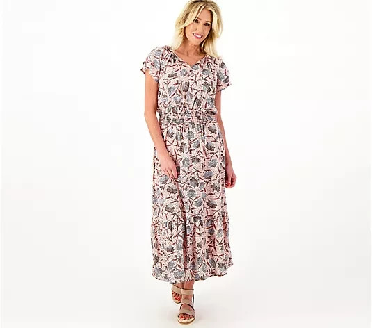 Destination 365 Midi Dress with Smocking-Sepia Rose Floral-Small A596751 NEW