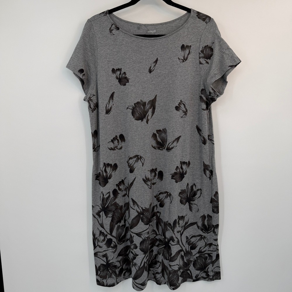 Pure Jill J.Jill Gray Floral Printed Tee Dress Short Sleeve Large Monochrome