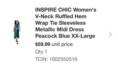 INSPIRE CHIC Peacock Blue Metallic Wrap Midi Dress V-Neck Sleeveless XXL