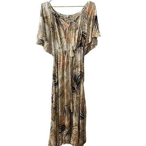 Label of Love Tropical Palm Leaf Maxi Dress Tan Olive Green Boho Small