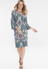 Chicos Blue Green Multi Color Paisley Medallion Print Shift Dress Size 3 Keyhole