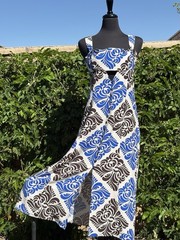 Zara L Cream w/Blue & brown Bold Abstract Print Squared Neck Straps A line Dress