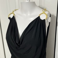 Cache Y2K Mini Dress XS Black Cowl Neck Medusa Gold Hardware Draped Cocktail USA