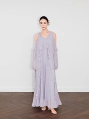 Women&rsquo;s Lavender Chiffon Maxi Dress Cold Shoulder Long Sleeve Ruffled Flowy Gown