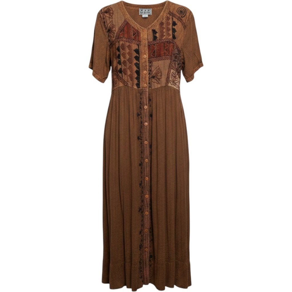 MPH Brown Patchwork Embroidered Rayon Midi Dress L Earthy Festival Vintage 90s
