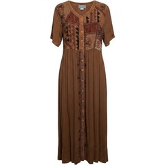MPH Brown Patchwork Embroidered Rayon Midi Dress L Earthy Festival Vintage 90s