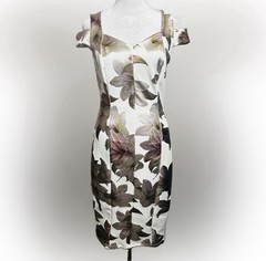 Enfocus Studio White Metallic Floral Sheath Cold Shoulder Sweetheart Knee SZ 4
