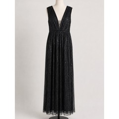 Monique Lhuillier Black Sequin Maxi Gown Deep V Formal Evening Dress 4
