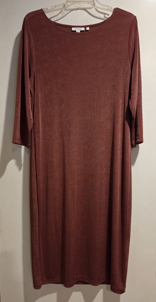 Chico&rsquo;s Brown Solid Knit Midi Shift Dress Boat Neck 3/4 Sleeve Pullover Sz 2