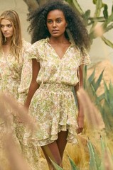 MISA Los Angeles Maia XS White Green Floral V-Neck Smocked Ruffle Mini Dress