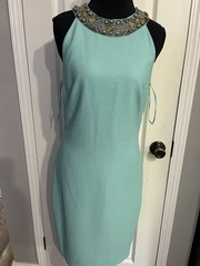 Badgley Mischka Collection Jeweled Neckline Sleeveless Light Blue Dress 8