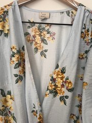 A New Day Blue Floral V-Neck Puff 3/4 Sleeve Tie Waist Maxi Dress XL Pockets