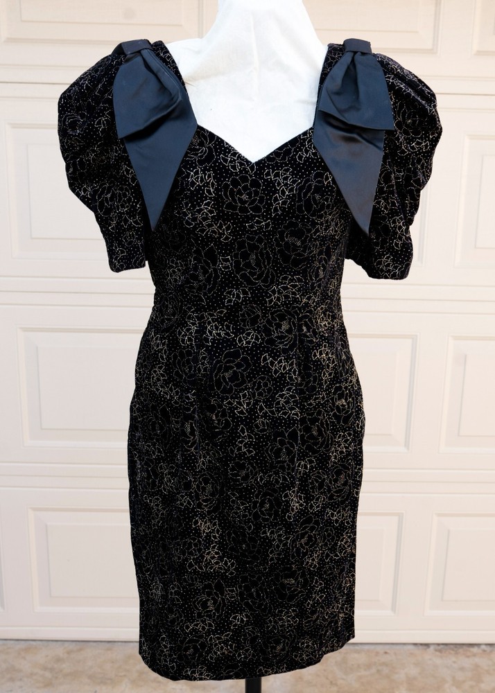 Vtg 80s Scarlett Nite Black Puff Sleeve Gold Glitter Floral Big Bow Dress Sz 5