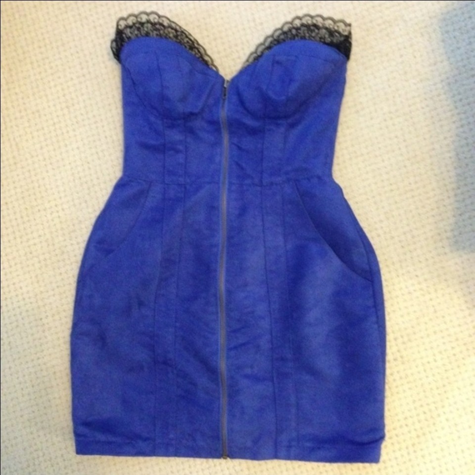 Electric Blue Microsuede Dress with Lace & Pockets & Front Zipper – Size 6