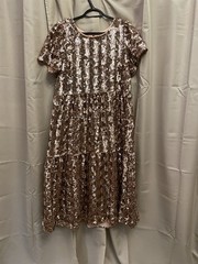 Maeve Anthropologie Sequin Dress Medium Pink Rose Tiered Short Sleeve $228