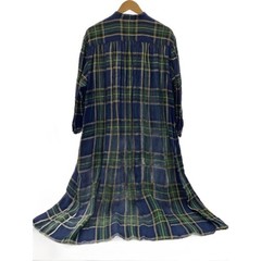ICHI Antiquites Green Tartan Check Linen Gauze Gathered Dress Women M 120cm