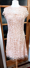 Cinderella Divine Cocktail Dress Ribbons Sequins Beads Overlay Peach Knee NWoT