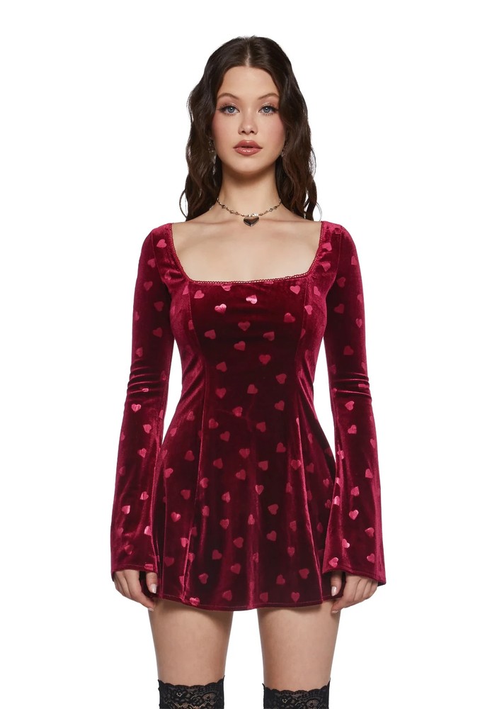 NWT Dolls Kill Sugar Thrillz Valentine Wish Mini Dress Red Heart Velvet Small