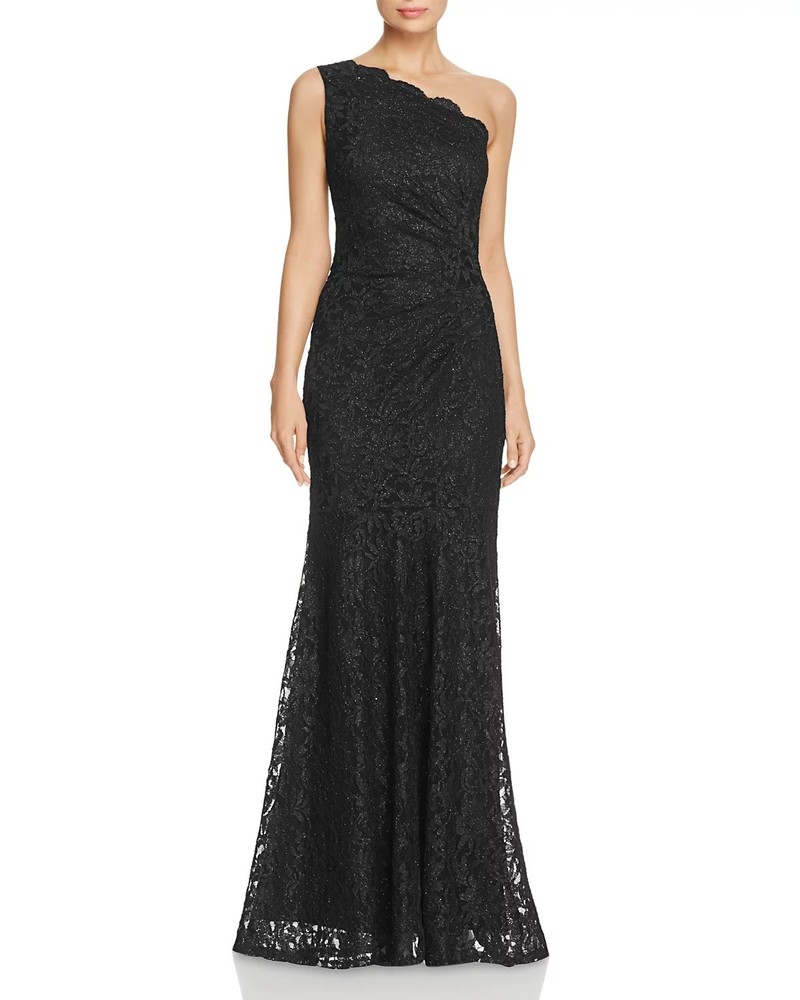 Decode 1.8 One-Shoulder Lace Long Floor Maxi Gown Dress scaloped Ruched Black 10