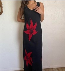 Y2k Black Floral Maxi Dress 12 Chiffon Big Red Flowers Fairygoth Whimsigoth Vamp