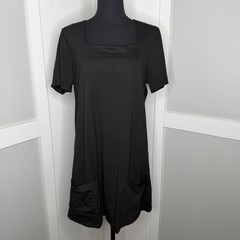 Black Shirt Dress Womens Medium Stretch Relaxed Fit Square Neck Pocket