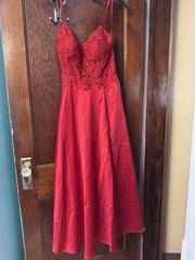 Blondie Nites by Stacy Sklar Red V-Neck Lace Bodice Lace-Up Long Gown 9