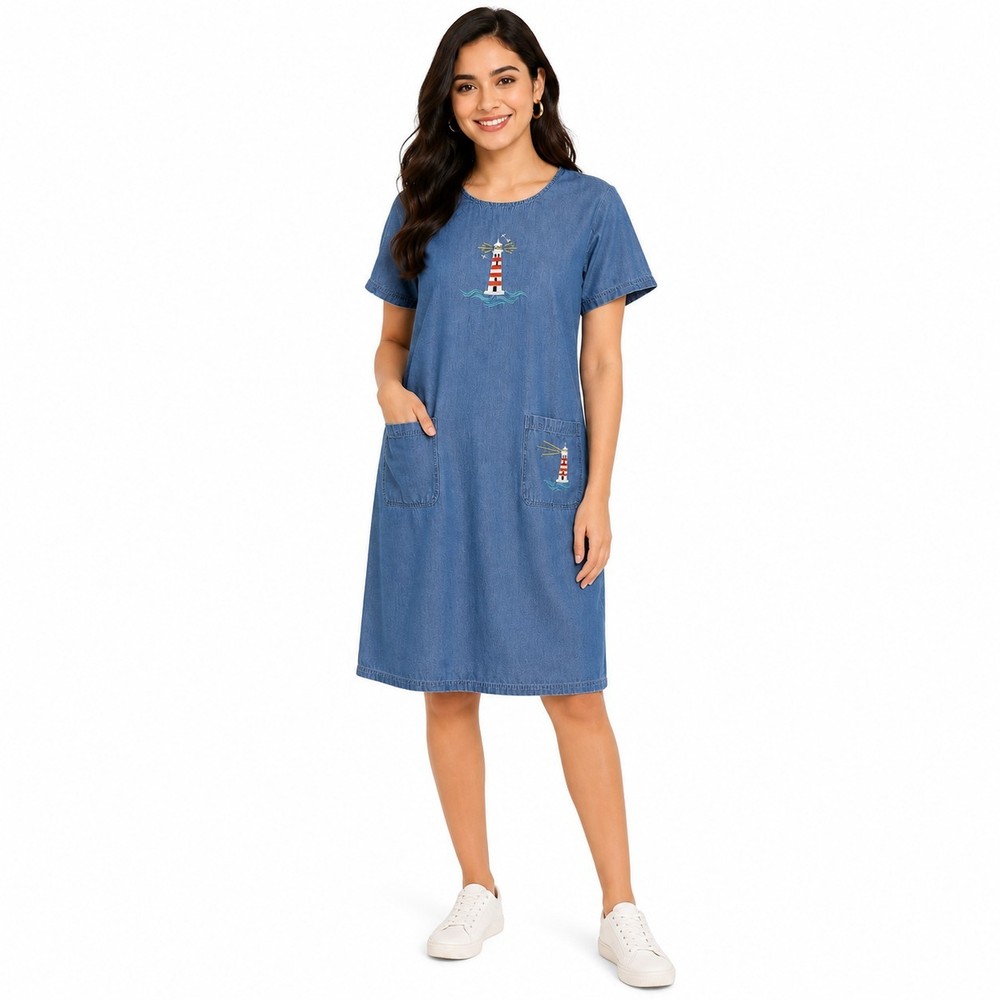 Blair Nautical Lighthouse Embroidered Chambray Shift Dress XLG Coastal Grandma