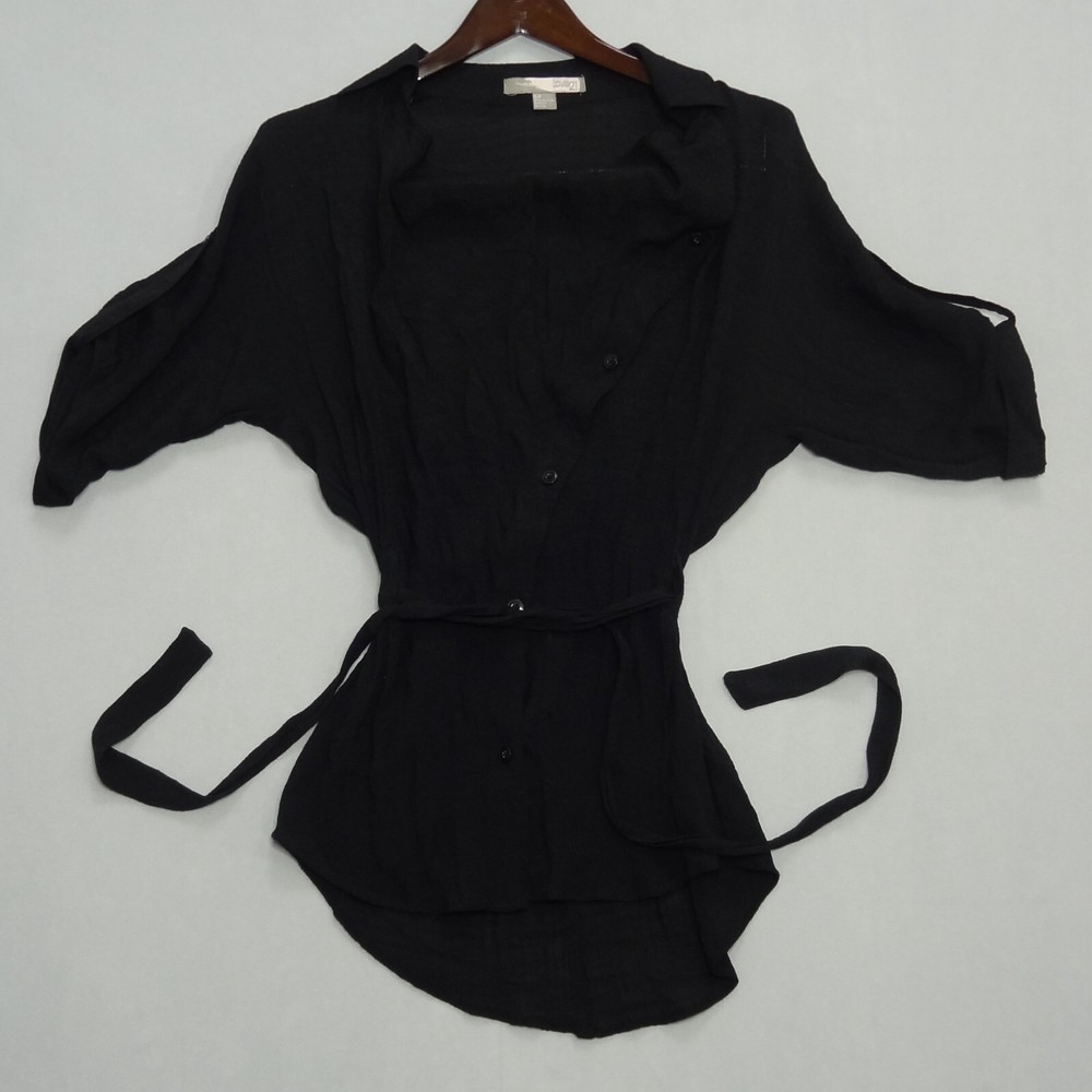 Love21 Collared Black Button Front Tie Mini Shirtdress Roll Sleeves Women Size S