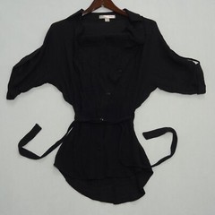 Love21 Collared Black Button Front Tie Mini Shirtdress Roll Sleeves Women Size S