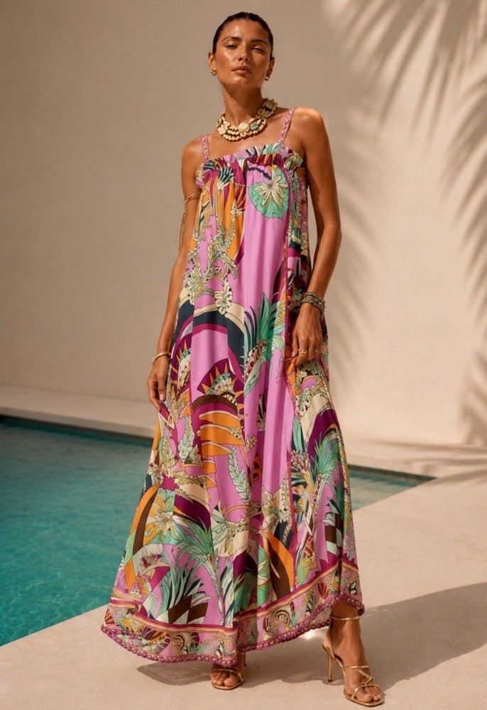 Camilla Wide Strap Sundress Giza Goddess Size M/L Resort Maxi $799 Silk Pink