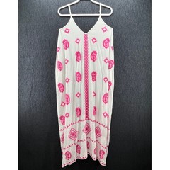 Elan White Pink Embroidered Paisley Sequin Maxi Dress XS RYE5060 Pockets Boho