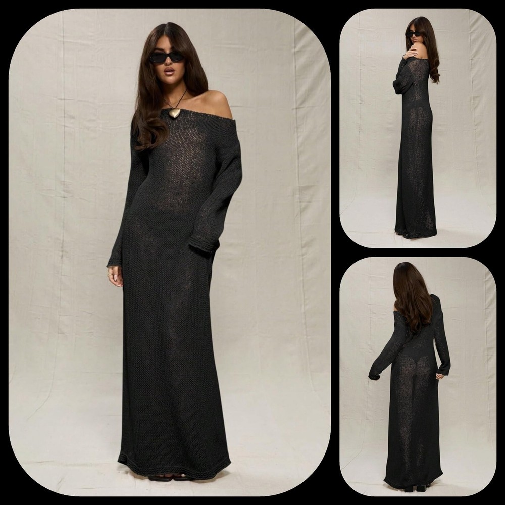 MUSERA&rsquo;s Lovely Black Off Shoulder Open Lightweight & Soft Knit Maxi Dress L