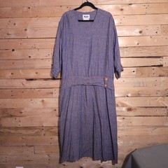 FLAX 100% Linen Dress Medium Blue Marled Lagenlook Drop Waist Vintage Midi
