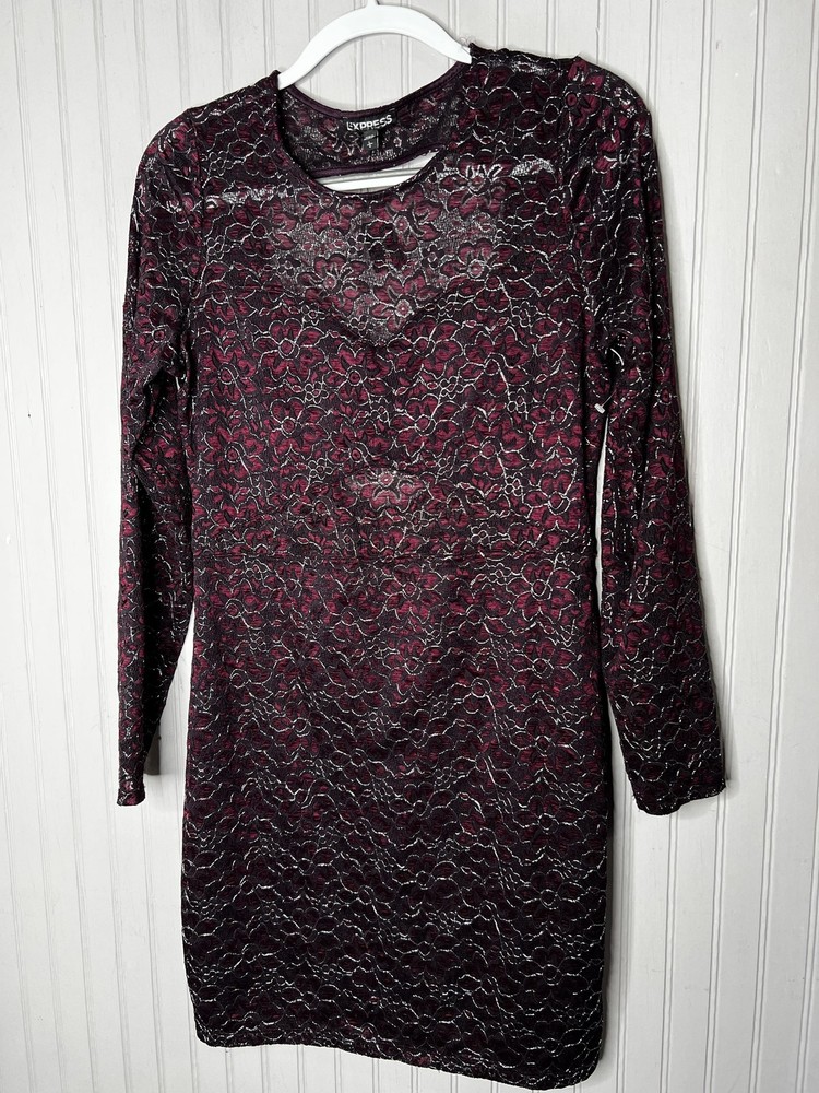 Express Dress Womens Large Black Burgundy Metallic Floral Lace Long Sleeve Party