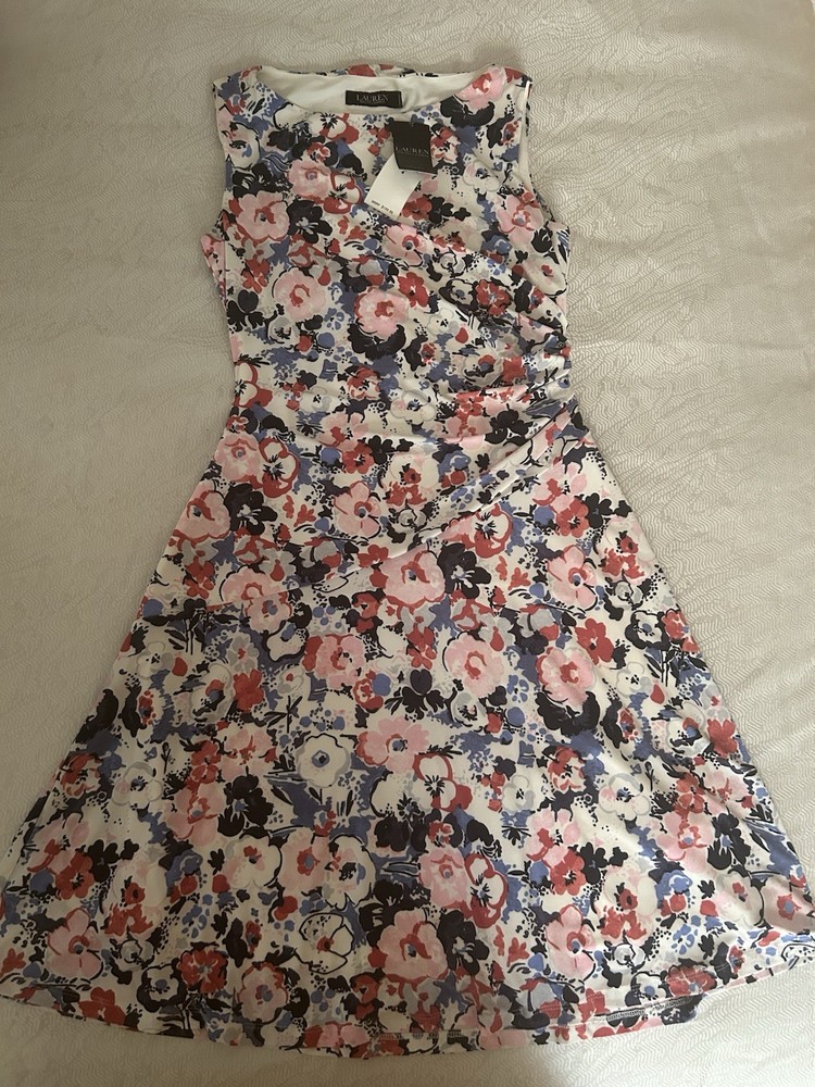 Lauren Ralph Lauren Women&rsquo;s Floral Ruched A-Line Dress Sleeveless Knee Length