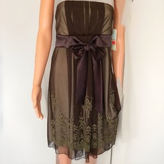 Strapless Short Cocktail Dress, Brown, Gold Beading, Size Small, Lined, Side Zip