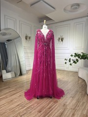 Mermaid V-neck Evening Dress with Beaded Tulle Layered Folded Prom Ball Gown
