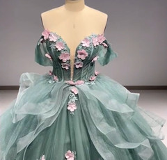 Off Shoulder Sage Green Glitter Tulle 3D Floral Quinceanera Train Ball Gown