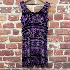 Vintage Jostar Tank Dress Womens L Black Purple Boho Tribal Slinky Popover