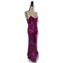 Vintage 90s Magenta Floral Velvet Devore Maxi Slip Dress V-Back UK 12/14 *US 10